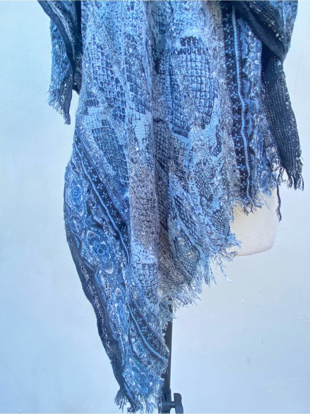 Boho Blue Black Silver Metallic  Pashmina Fringe Scarf